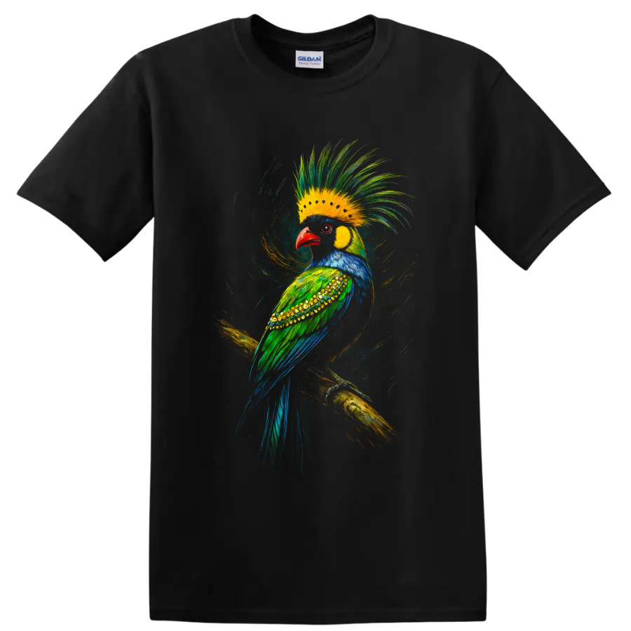 Colorful Crested Tropical Bird T Shirt w/ Painted Feather Art Vibrant Wild Tee