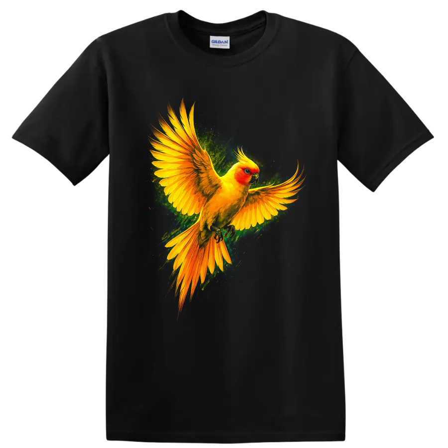 Sun Conure Parrot T Shirt Dynamic Tropical Bird Flight Art Colorful Tee Wildlife