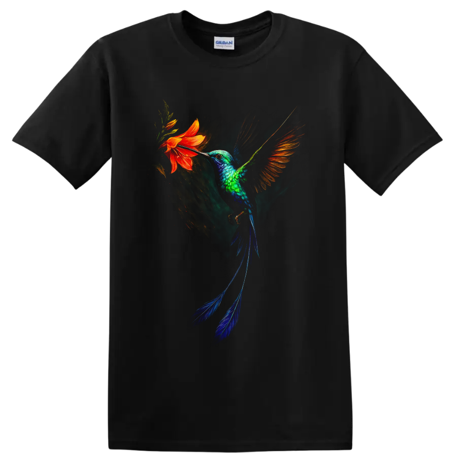 Hummingbird T Shirt Vibrant Tropical Bird w/ Orange Flower Wildlife Art Tee Gift