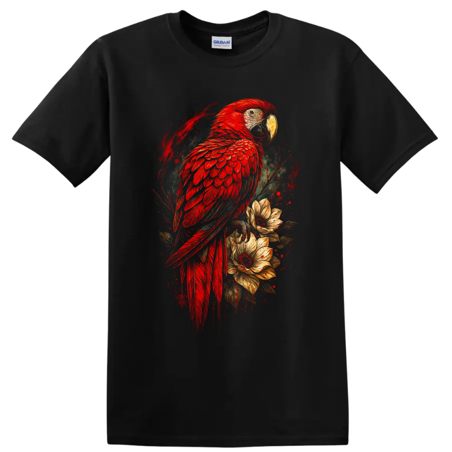 Scarlet Macaw Parrot T Shirt w/ Tropical Flowers Colorful Bird Art Tee Gift