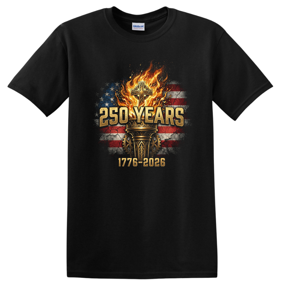 250 Years Anniversary T Shirt American Flag Fire Cross Celebration Tee