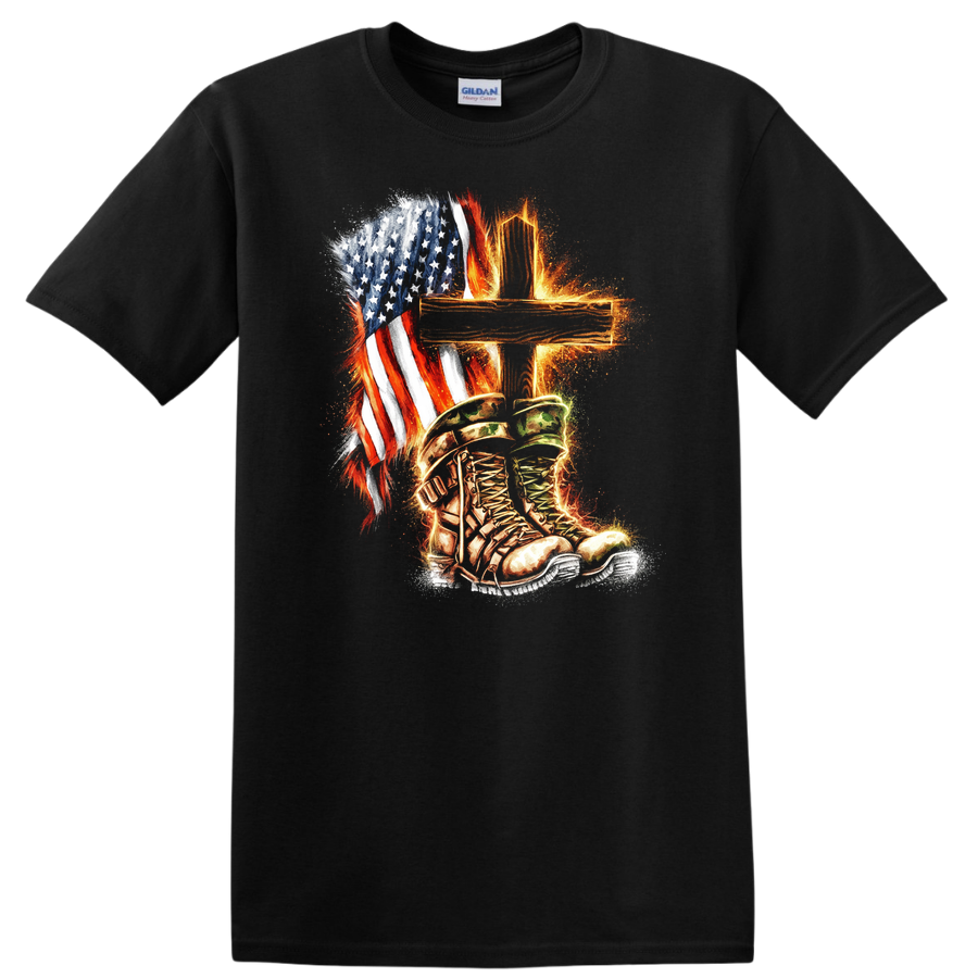 USA Military Boots Flag Cross Tribute T Shirt Vintage 250 Anniversary Tee