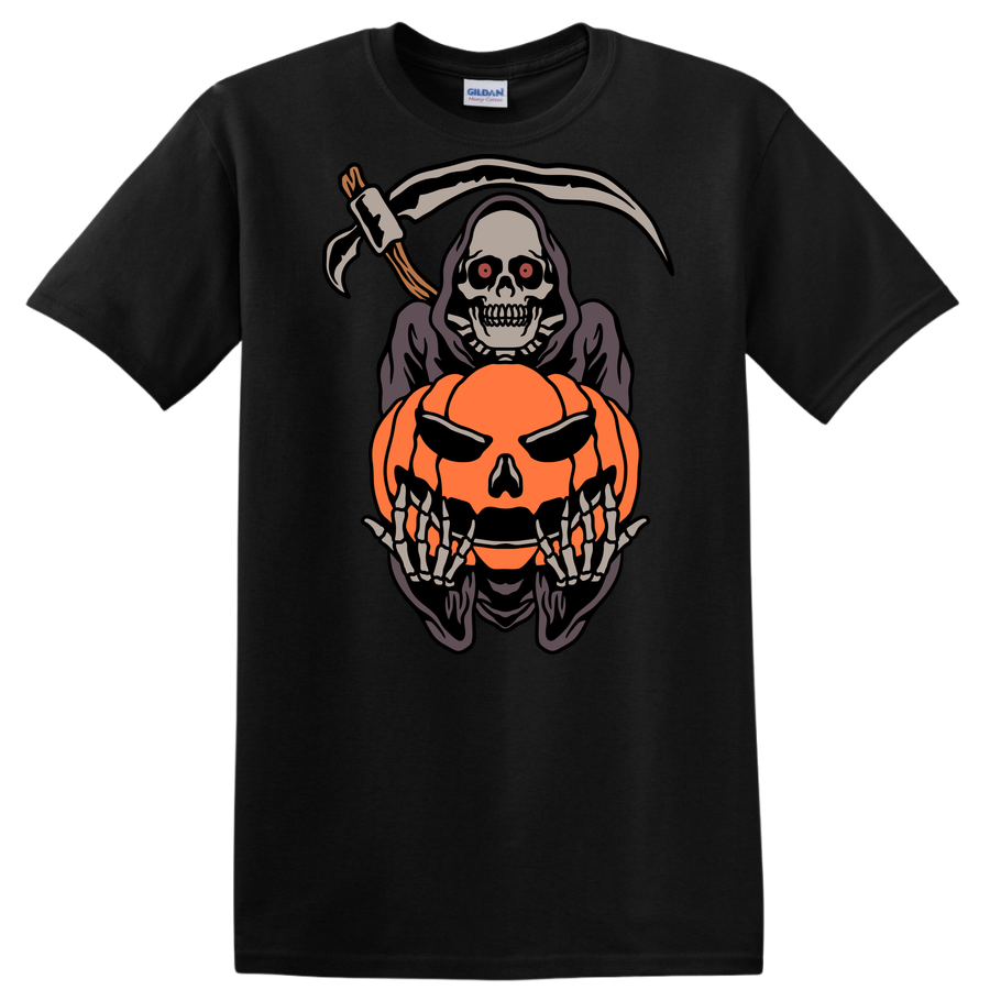 Grim Reaper Halloween T Shirt w/ Skeleton Pumpkin Graphic Funny Tee Design