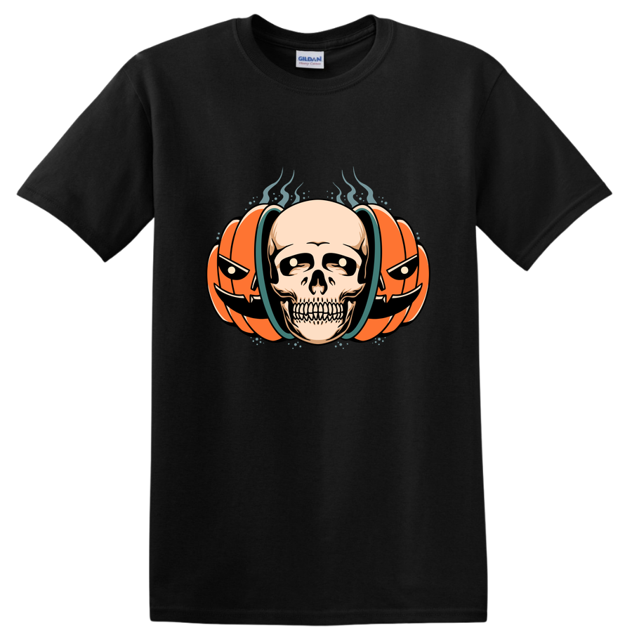 Skull w/ Pumpkin Headphones Halloween Graphic T Shirt Funny Tee Design