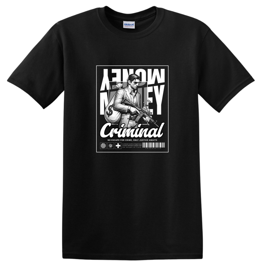 Criminal T Shirt Design with Gangster Holding Gun and Money Bag Cool Tee