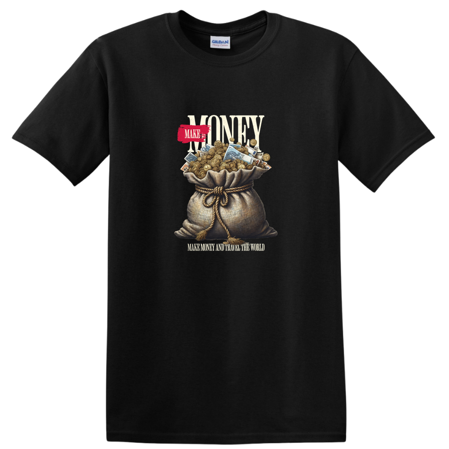 Make Money Bag T Shirt w/ Cash Coins Design Funny Tee for Money Lovers