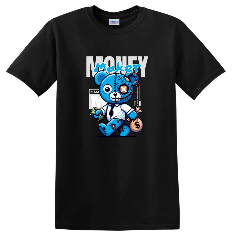 Money Maker Teddy Bear Cartoon T Shirt Cute Blue Bear Tee for Fun Occasions