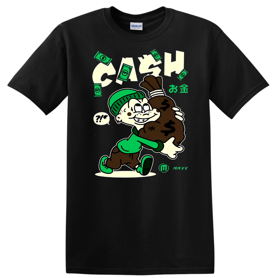 Cash Cartoon Character Holding Money Bag Graphic T Shirt Fun Green Tee