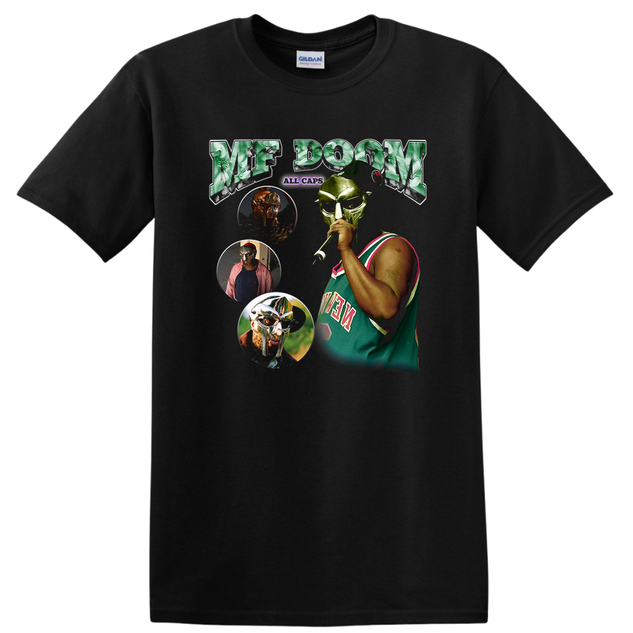 MF Doom T Shirt Vintage Hip Hop Graphic Tee All Caps Mask Style Music Lover