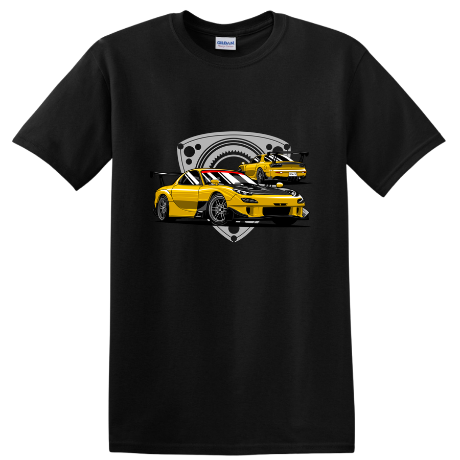 RX-7 Car Graphic T Shirt for Car Enthusiasts Racing Tee Yellow Sports Design
