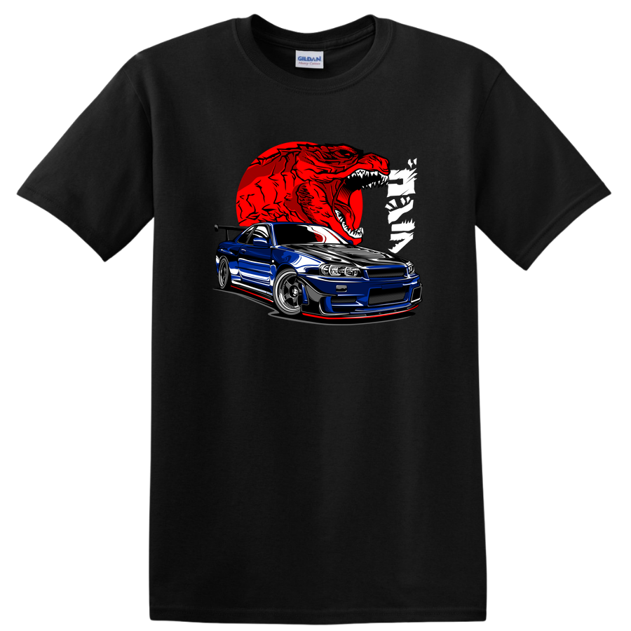 Blue Sports Car T Shirt with Red Dino Graphic Art Cool Tee for Car Enthusiasts
