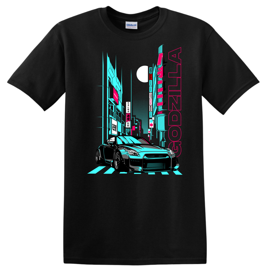 Godzilla Car T Shirt Graphic Tee Street Art Racing Auto Tokyo Neon Style