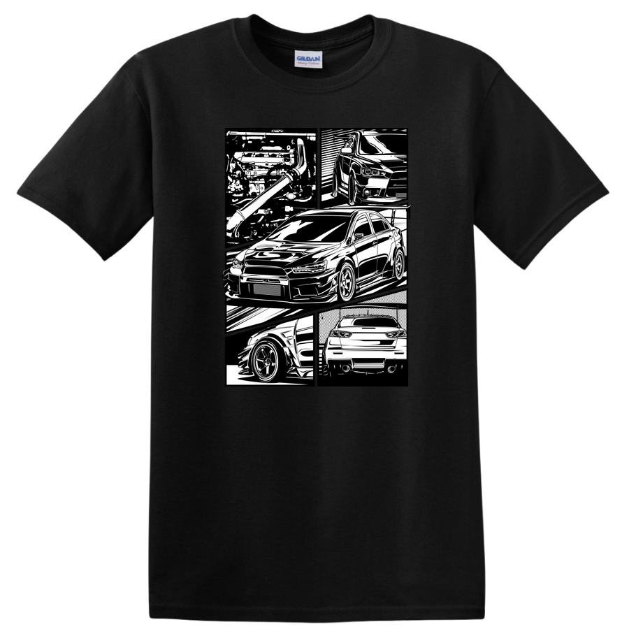 Car Art T Shirt showing Detailed Black and White Auto Graphics Car Tee