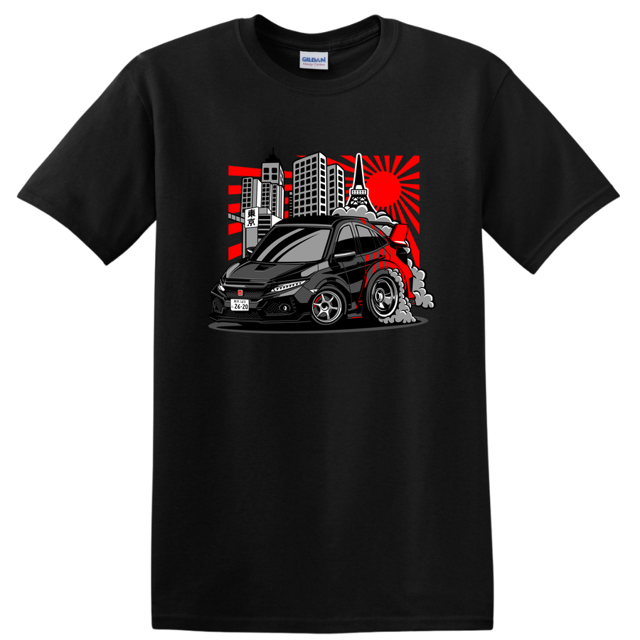 Car Graphic T Shirt Tokyo City Skyline Black Racing Tee Anime Style Design