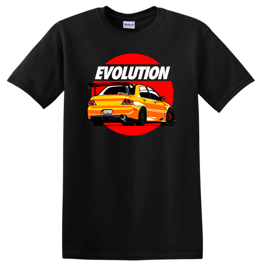 Evo Car Art T Shirt for Car Enthusiasts Cool Tee Retro Graphic Design Orange