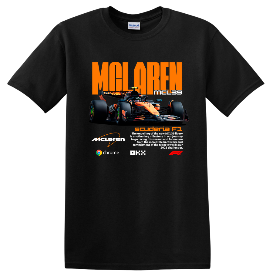 McLaren Formula 1 Race Car T Shirt for Fans Race Day Tee Orange Black Design