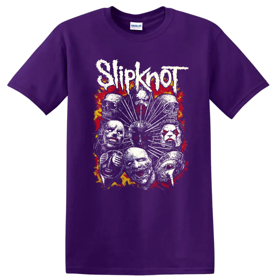 Slipknot Rock Metal Music T Shirt Distressed Band Mask Flame Tee